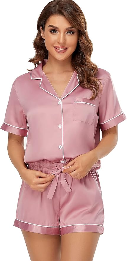Serenedelicacy Women's Satin Pajama Set 2-Piece Sleepwear Loungewear Button Down Short Sleeve Silky PJ Set