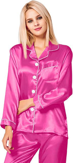 SWOMOG Womens Silk Satin Pajamas Set Long Sleeve Button Down Sleepwear 2 Piece Lounge Set Pj Set XS-3XL