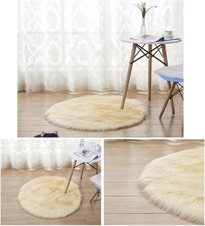 Faux Fur Round Area Rug Soft Fuzzy Carpet Fluffy Plush Mat Home Floor Decoration for Bedroom Living Room Bedside Beige 59inch