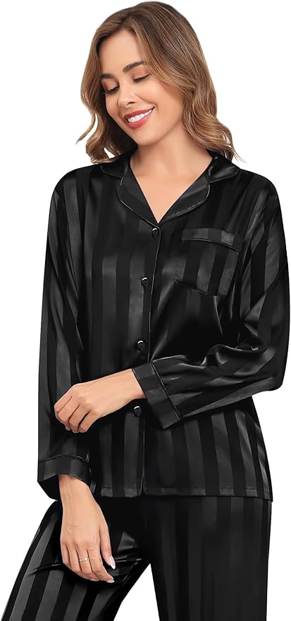SWOMOG Womens Silk Satin Pajamas Set Long Sleeve Button Down Sleepwear 2 Piece Lounge Set Pj Set XS-3XL