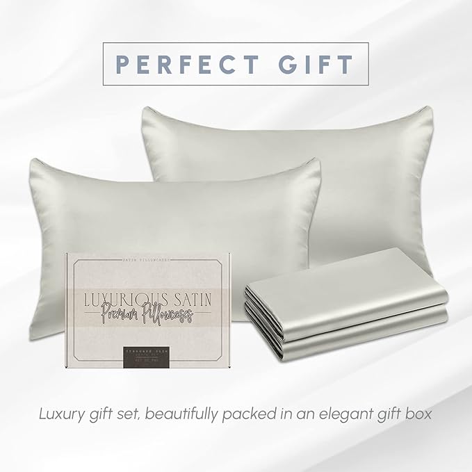 Elegant Comfort 4-Pack Cooling Viscose Satin Pillowcase Set with Hidden Zipper Closure, Silky Smooth for Hair and Skin Care-Beautiful Gift Box-4-Piece Satin Pillowcase Set, Standard/Queen, Light Jade