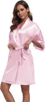 Women's Short Satin Robes Silky Bathrobe Bridesmaid Sleepwear for Wedding Party Getting Ready Solid Color