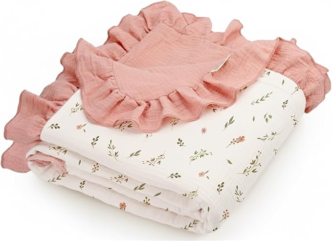 Muslin Ruffled Baby Blanket, Extra Large 52 x 52 Inches, Soft Breathable Cotton Crib Blanket for Newborn Infant Toddler (Blush Meadow-Ruffled, Printed)