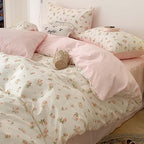 Nayoroom Pink Floral Duvet Cover Queen Size Reversible Green Botanical Leaf Printed on White Spring Comforter Cover 3Pcs Soft Microfiber Aesthetic Cottagecore Bedding Set Gift for Women Girls