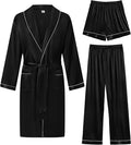 SWOMOG Men's Satin Robe 3 Pcs Silky Kimono Bathrobe Set Lightweight Soft Loungewear Nightwear