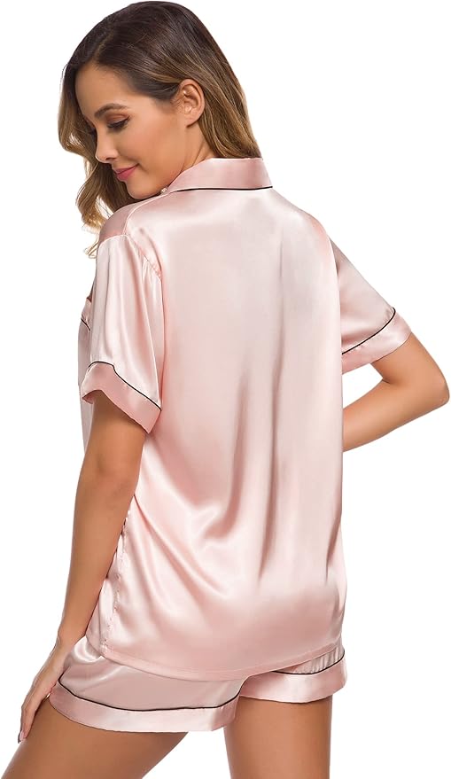 SWOMOG Womens Silk Satin Pajamas Set Short Sleeve Sleepwear Button Down Top and Shorts Loungewear 2 Piece Pjs Set XS-3XL