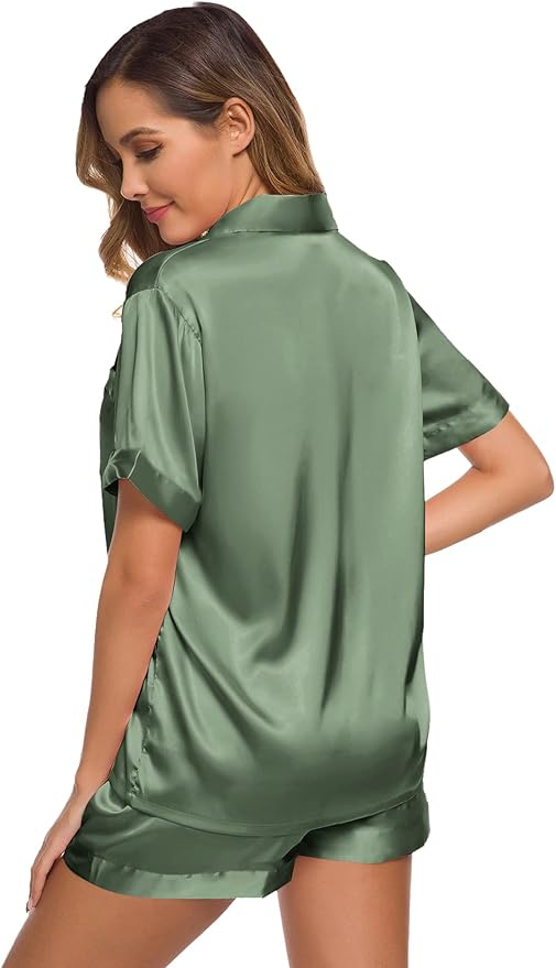 SWOMOG Womens Silk Satin Pajamas Set Short Sleeve Sleepwear Button Down Top and Shorts Loungewear 2 Piece Pjs Set XS-3XL