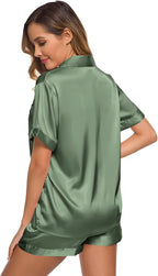 SWOMOG Womens Silk Satin Pajamas Set Short Sleeve Sleepwear Button Down Top and Shorts Loungewear 2 Piece Pjs Set XS-3XL