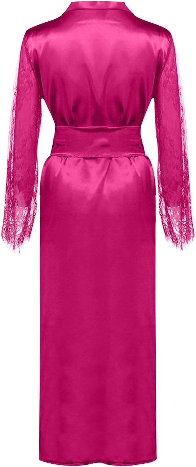 Mzkdieey Women's Floral Lace Robe Silk Kimono Bathrobe Long Bridesmaids Wedding Party Loungewear Sleepwear Dressing Gown