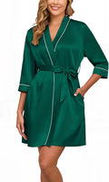 Veseacky Women's Satin Robe Knee Length V Neck Lightweight Silky Bathrobe Casual Loungewear Sleepwear with Waist Tie