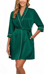 Veseacky Women's Satin Robe Knee Length V Neck Lightweight Silky Bathrobe Casual Loungewear Sleepwear with Waist Tie