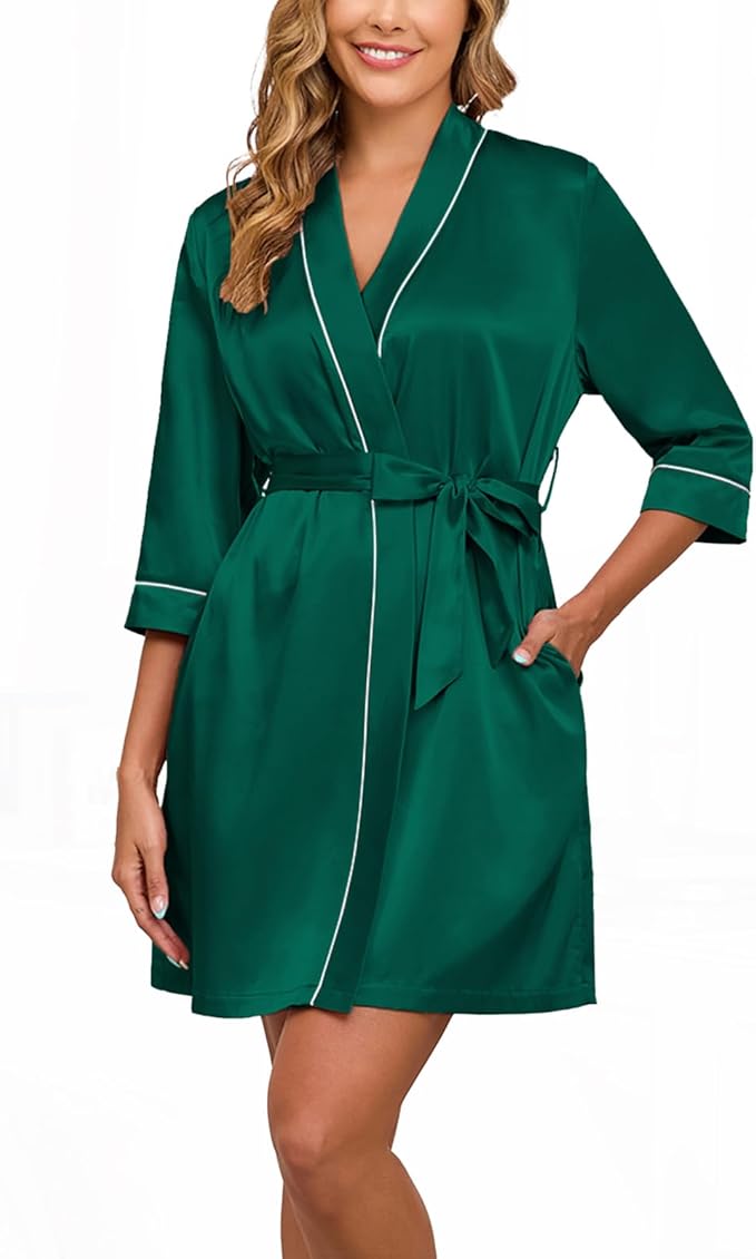 Veseacky Women's Satin Robe Knee Length V Neck Lightweight Silky Bathrobe Casual Loungewear Sleepwear with Waist Tie