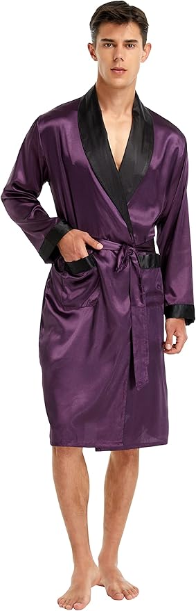 Tony & Candice Men's Satin Robe Lightweight Long Sleeve Silk Kimono Bathrobe with Shorts Set Sleepwear