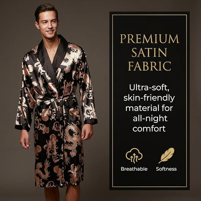 Mens Satin Robe Silk Long Sleeve Kimono Bathrobe Sleepwear Loungewear