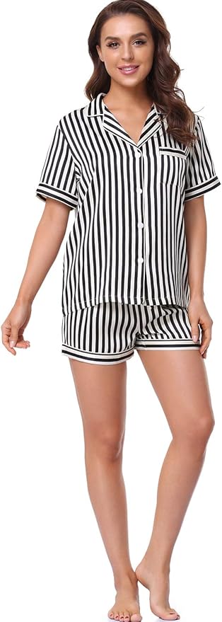 Serenedelicacy Women's Satin Pajama Set 2-Piece Sleepwear Loungewear Button Down Short Sleeve Silky PJ Set