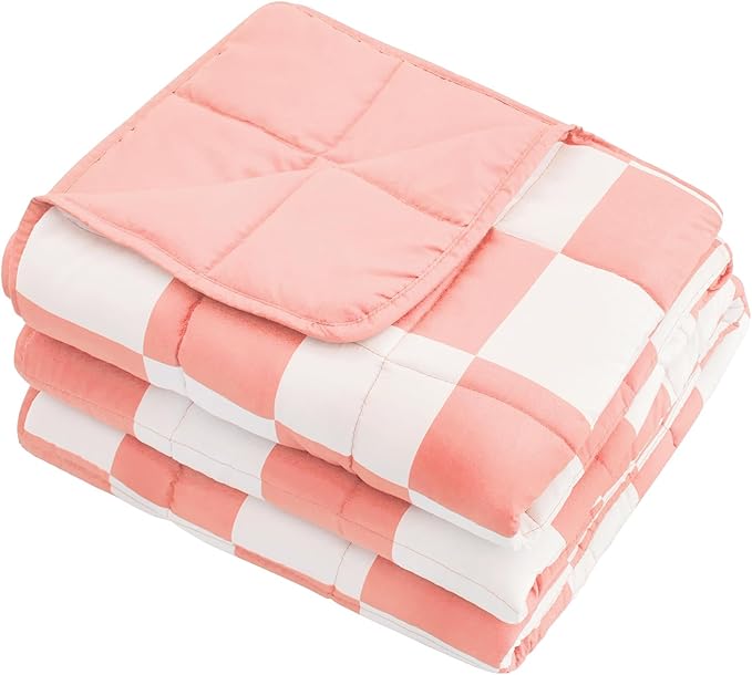 Pink Checkered Weighted Blanket for Adults 15lbs, 48"x72", Twin Full Size Cooling Plaid Heavy Throw Blanket for 120-160lbs, Microfiber Soft Thick Big Blankets Weighted Comforter Gift for Sleeping