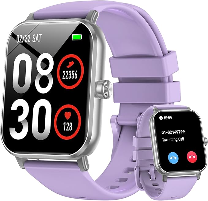 Smart Watch for Men Women, 1.85" HD Fitness Tracker with Bluetooth Calls, 5 ATM Waterproof, 130+ Sport Modes, 24/7 Heart Rate/Sleep Monitor, Pedometer, Calories, Smartwatch for Android iOS (Purple)