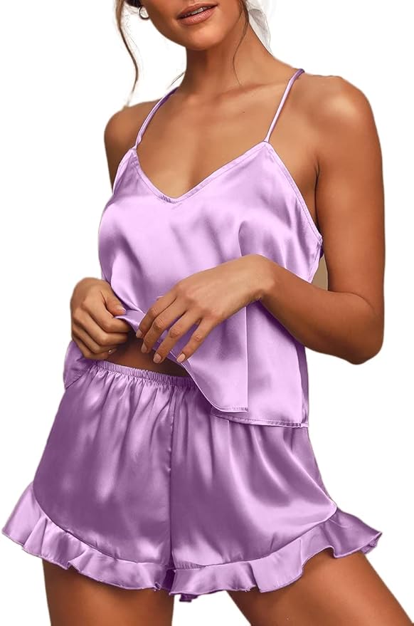 CHYRII Women's Sexy Silk Satin Ruffled Pajamas Sets Cami Shorts Sets Sleepwear