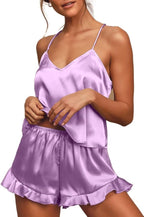 CHYRII Women's Sexy Silk Satin Ruffled Pajamas Sets Cami Shorts Sets Sleepwear