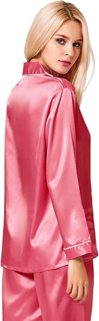 SWOMOG Womens Silk Satin Pajamas Set Long Sleeve Button Down Sleepwear 2 Piece Lounge Set Pj Set XS-3XL