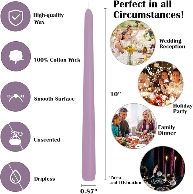 12-Pack Dusty Purple Taper Candles, 10 Inch Unscented Dripless Candlesticks, Long-Lasting Burn Time of 7-8 Hours, Perfect for Home Décor, Weddings, and Events