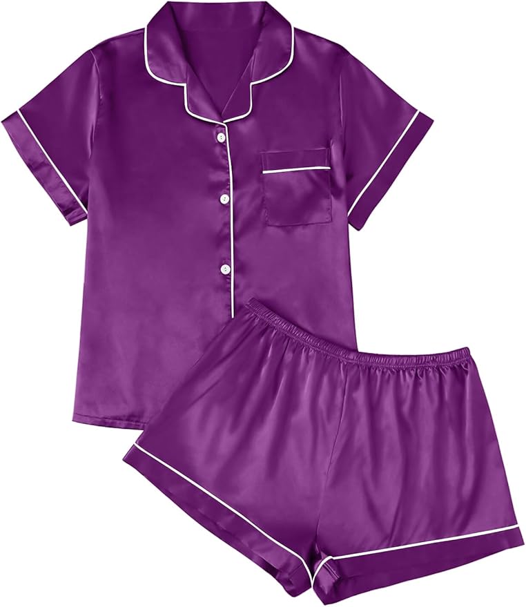 LILLUSORY Silk Satin Pajama Set for Women 2 Piece Lounge Pjs Winter Matching Summer Sleepwear Button Down Shirt Shorts