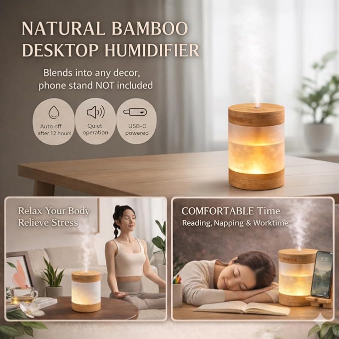 Sustainable Premium Bamboo Mini Humidifier (Improved Version) – 400ml Ultrasonic Quiet Desktop Humidifier, USB-C, Dual LED Night Light, Auto Shut-Off, Portable for Bedroom, Office & Perfect for Gift