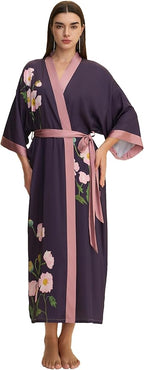 Kihnop Women's Floral Long Kimono Robe Long Satin Robe Long Silk Robe Ladies Kimonos Silky Bathrobe Cover Up, One Size