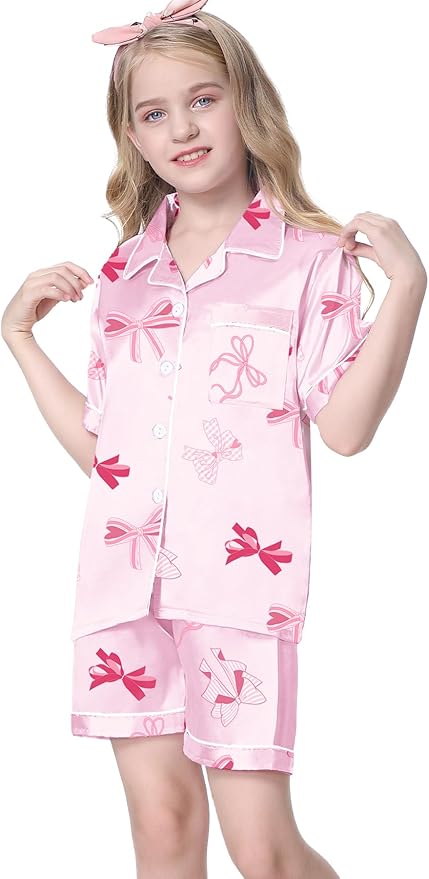 Umeyda Women & Girls Pajamas Set, Soft Satin Lightweight Silk Button-Down Top with Shorts 2 Piece PJS for Mom Boys Kids Gifts