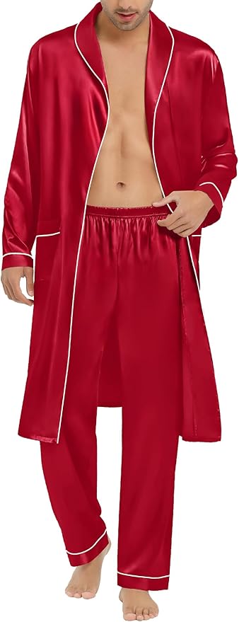 SWOMOG Men's Satin Robe Silky Kimono Bathrobe with Shorts Set Lightweight Soft Loungewear Nightwear