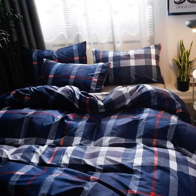 Luxlovery Navy Plaid Comforter Set King Men Women Blue Tartan Bedding Set King Size Geometric Buffalo Checkered Blanket Quilts Soft Breathable Navy Grid Comforter for Adults