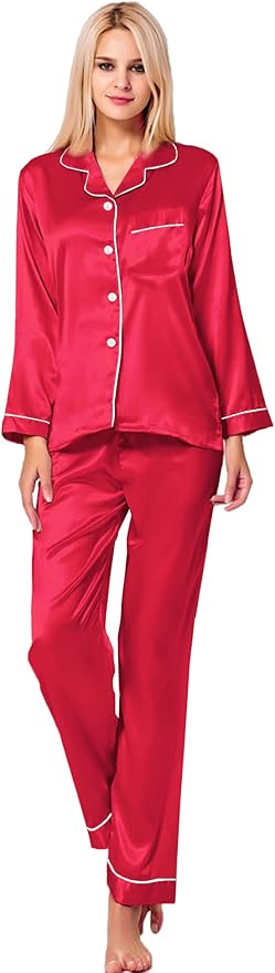 SWOMOG Womens Silk Satin Pajamas Set Long Sleeve Button Down Sleepwear 2 Piece Lounge Set Pj Set XS-3XL
