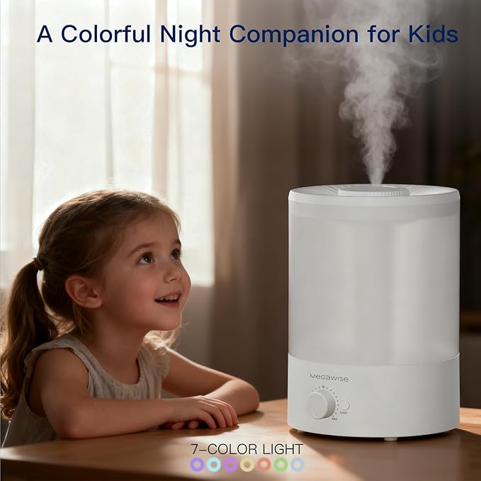 MegaWise Healthy Top-Refill Cool Mist Humidifiers for Bedroom, 24dB Ultrasonic Air Vaporizer with Water Filter for Baby [PP Material], Colorful Night Light,1 Gal Essential Oil Diffuser, Auto Shut Off