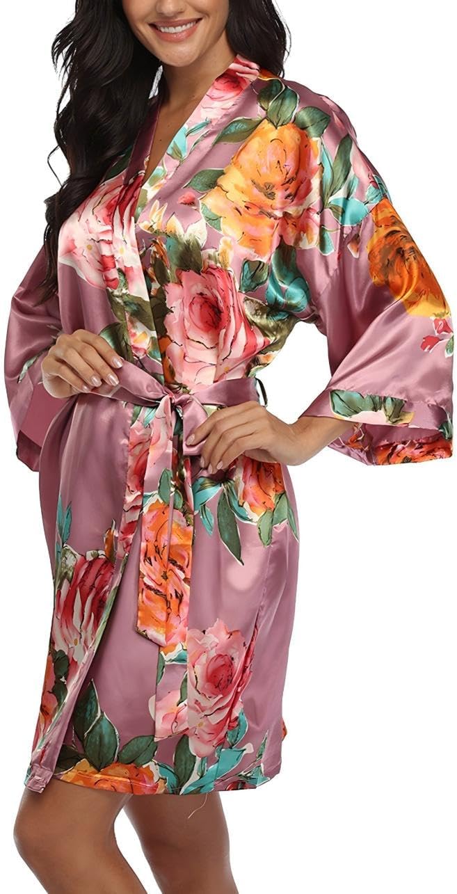 Floral Silk Robes for Women Kimono Satin Short Bath Robe Bridal Dressing Gown Bride Bridesmaids Lightweight Bathrobes