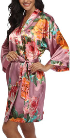 Floral Silk Robes for Women Kimono Satin Short Bath Robe Bridal Dressing Gown Bride Bridesmaids Lightweight Bathrobes