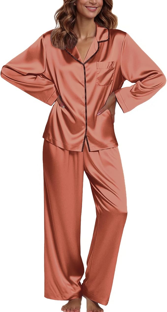 Ekouaer Pajamas For Women Set Silk Pjs 2 Piece Satin Sleepwear Long Sleeve Button Down Lounge Sets With Pant