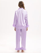 MORFORU Satin Pajama Set for Women Feather Trim Long Sleeve Pjs with Sleep Mask Headband Scrunchie Sleepwear Lounge Set