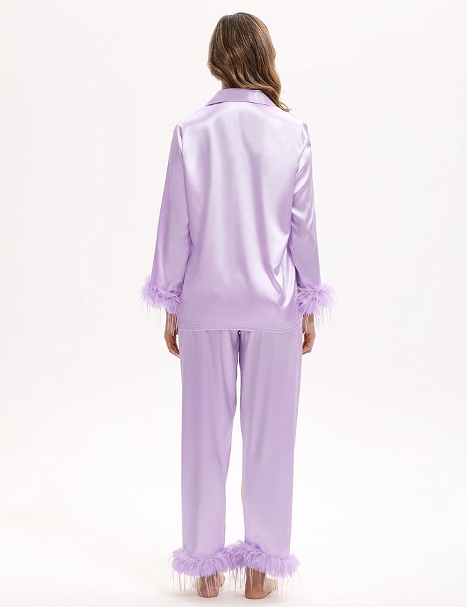 MORFORU Satin Pajama Set for Women Feather Trim Long Sleeve Pjs with Sleep Mask Headband Scrunchie Sleepwear Lounge Set