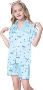 Umeyda Women & Girls Pajamas Set, Soft Satin Lightweight Silk Button-Down Top with Shorts 2 Piece PJS for Mom Boys Kids Gifts