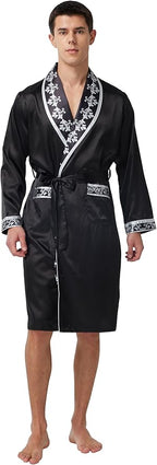 Tony & Candice Men's Satin Robe Lightweight Long Sleeve Silk Kimono Bathrobe with Shorts Set Sleepwear
