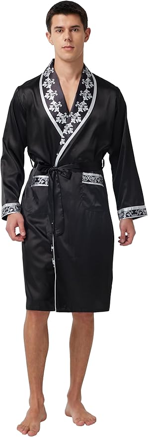 Tony & Candice Men's Satin Robe Lightweight Long Sleeve Silk Kimono Bathrobe with Shorts Set Sleepwear
