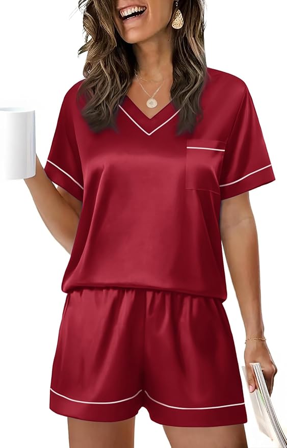 WIHOLL Silk Pajamas for Women Short Sleeve Sleepwear Soft Lounge Sets 2 Piece Satin Pjs