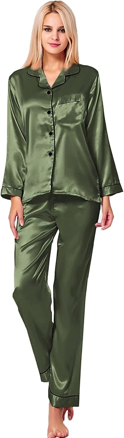 SWOMOG Womens Silk Satin Pajamas Set Long Sleeve Button Down Sleepwear 2 Piece Lounge Set Pj Set XS-3XL