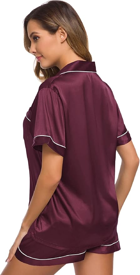 SWOMOG Womens Silk Satin Pajamas Set Short Sleeve Sleepwear Button Down Top and Shorts Loungewear 2 Piece Pjs Set XS-3XL