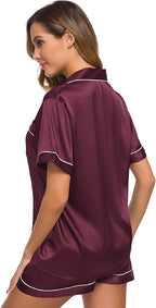 SWOMOG Womens Silk Satin Pajamas Set Short Sleeve Sleepwear Button Down Top and Shorts Loungewear 2 Piece Pjs Set XS-3XL