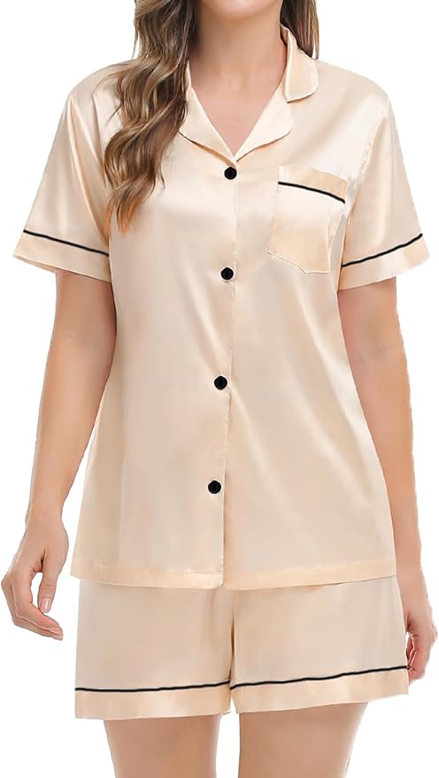 SWOMOG Womens Silk Satin Pajamas Set Short Sleeve Sleepwear Button Down Top and Shorts Loungewear 2 Piece Pjs Set XS-3XL