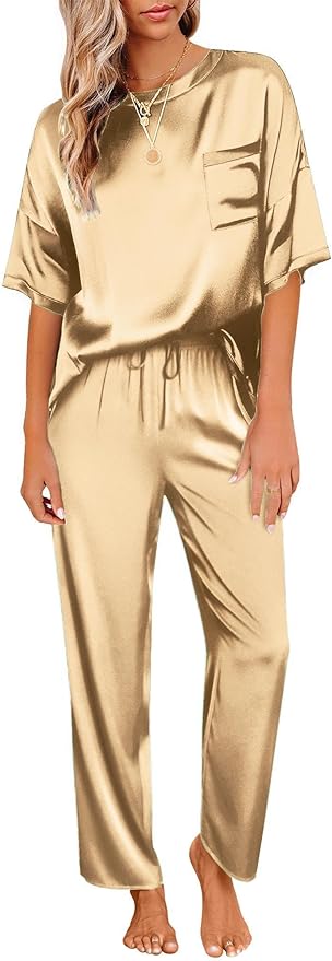 Ekouaer Womens Satin Silky Pajama Set Short Sleeve Shirt with Long Pajama Pant Set Soft PJ Loungewear