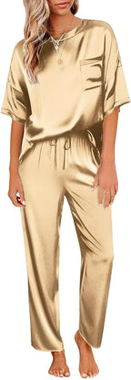 Ekouaer Womens Satin Silky Pajama Set Short Sleeve Shirt with Long Pajama Pant Set Soft PJ Loungewear