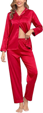 SWOMOG Womens Silk Satin Pajamas Set Long Sleeve Button Down Sleepwear 2 Piece Lounge Set Pj Set XS-3XL