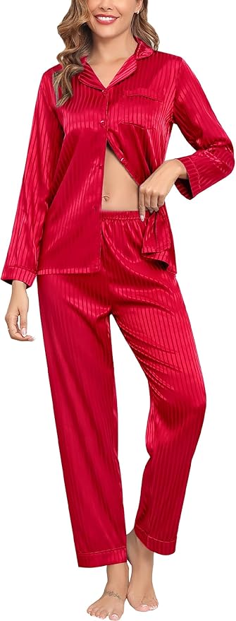 SWOMOG Womens Silk Satin Pajamas Set Long Sleeve Button Down Sleepwear 2 Piece Lounge Set Pj Set XS-3XL
